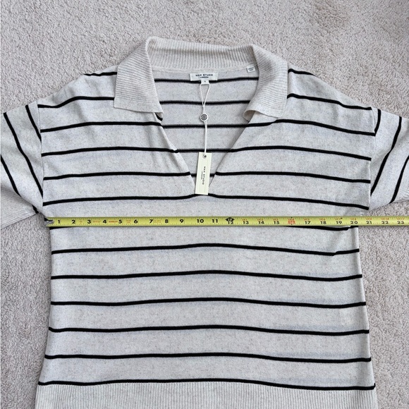 Max Studio Sweater Womens Large Ivory Black Striped Linen Blend Short Sleeve Top - Picture 10 of 10